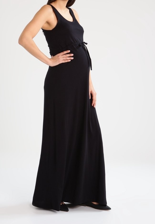 Robe maxi noire avec un design de débardeur, taille cintrée et détail de lien réglable. Fabriquée en tissu lisse et léger.