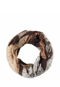 Écharpe infinity multicolore en tissu léger, arborant un design imprimé animal brun et crème avec des illustrations détaillées.