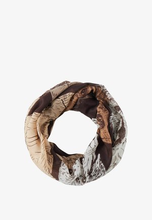 Mehrfarbiger Infinity-Schal aus leichtem Stoff, mit einem braunen und cremfarbigen Tierdruck-Design und detaillierten Illustrationen.