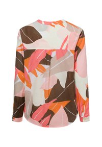Langärmliges Hemd aus leichtem Stoff mit einem mehrfarbigen Blattdruck in Pink, Orange, Braun und Creme. Abgerundeter Saum mit geknöpften Manschetten.