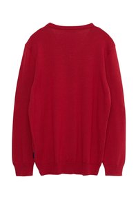 Pull rouge à manches longues avec col rond, poignets et ourlet côtelés, vu de dos sur fond blanc.