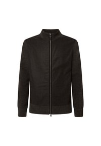 Veste zippée en tissu gris foncé, avec un col, des manches longues et des poignets et un ourlet côtelés. Détail de surface texturée sur l'ensemble.