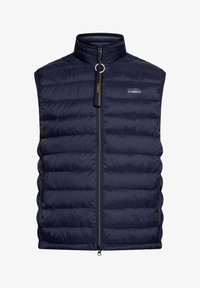 Mørkeblå dunvest, uden ærmer, med høj krave. Har horisontalt quilted mønster, frontlynlås og dekorativ lynlåsdrager.