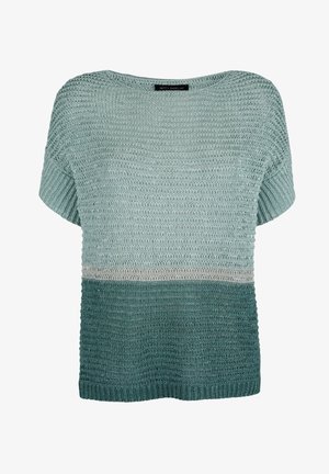 Lekki sweter o otwartym splocie, z gradientem odcieni turkusu, krótkimi rękawami i szerokim dekoltem dla luźnego dopasowania.