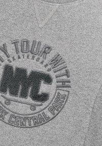 Grauer Sweatshirt mit einer strukturierten, geprägten Grafik, die den Text "NYC" und "SKATEBOARD CENTRAL PARK" zeigt. V-Ausschnitt und gerippte Details.