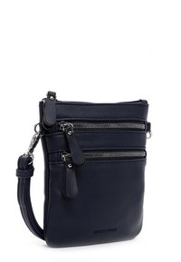 Navy Leder Umhängetasche mit drei Reißverschlussfächern, glatter Textur, verstellbarem Tragegurt und Hardware-Akzenten in Silber.
