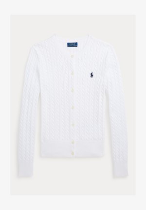 Cardigan bianco a manica lunga con lavorazione a trecce, bottoni frontali e logo Polo Ralph Lauren blu navy sul petto sinistro.