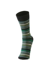 Pasiasty skarpetka wykonana z miękkiego materiału, z poziomymi paskami w kolorze zielonym, czarnym i kremowym oraz ribbowanym ściągaczem na górze.