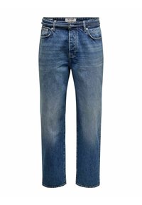 Ljusblå denimjeans med avslappnad passform, raka ben, femfickorsdesign och subtila blekningar. Har ett midjeband med hällor.