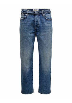 Hellblaue Jeans aus Denim mit lockerer Passform, geraden Beinen, fünf Taschen und dezentem Verblassen. Verfügt über einen Bund mit Schlaufen.