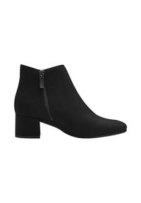 Bottines en suède noir avec un bout pointu et une fermeture éclair sur le côté, dotées d'un talon épais et d'une texture lisse.