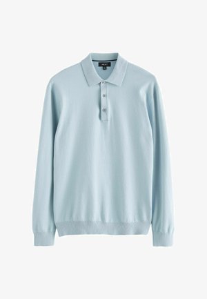 Šviesiai mėlynas ilgomis rankovėmis polo marškinėliai, pagaminti iš švelnios medžiagos, su apykakle, trimis mygtukais ir elastiniais rankogaliais bei apačia.
