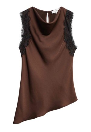 Mouwloos donkerbruin satijnen topje met zwarte kanten rand bij de armsgaten en een keyhole knoopsluiting aan de achterkant van de halslijn.