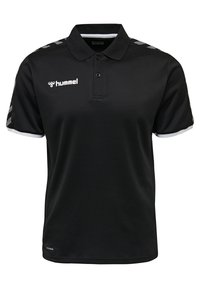 Sort polo-shirt lavet af glat stof, med en krave, to knapper og kontrasterende grå striber på ærmerne. Logo vist foran.