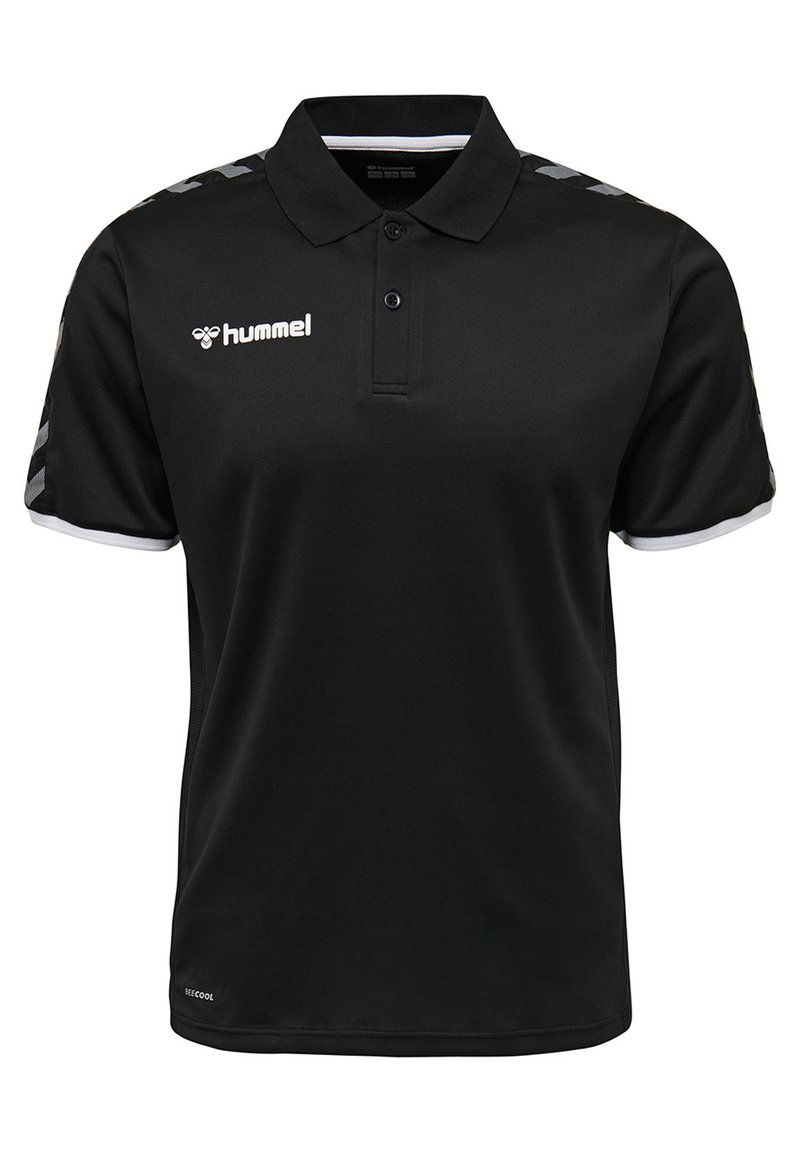 Sort polo-shirt lavet af glat stof, med en krave, to knapper og kontrasterende grå striber på ærmerne. Logo vist foran.