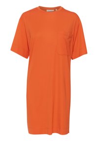 Oranžinė T-shirt suknelė su apvalia iškirpte, trumpomis rankovėmis ir kišene ant kairiojo krūtinės. Pagaminta iš minkštos medvilnės audinio, laisva prigludimo.