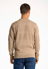 Maglione beige a maglia con un motivo a righe orizzontali testurizzate. Presenta maniche lunghe e scollo rotondo. Abbinato a jeans blu.