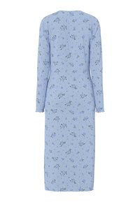 Robe midi bleu clair à manches longues avec petit imprimé floral violet et tissu légèrement texturé, vue de dos.