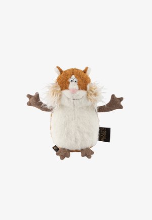 Plush toy with brown and white fur, round body, oversized head, small eyes, pink nose, and furry accents. It has brown fabric arms and feet.