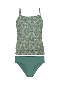 Tankini-set bestående av en mönstrad grön topp med justerbara axelremmar och en enfärgad grön underdel. Materialet har en mjuk yta med liten stretch.