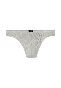 Grau Baumwollthong mit weicher Textur, elastischem Bund und einem schwarzen Etikett. Besitzt ein minimalistisches Design ohne auffällige Muster.