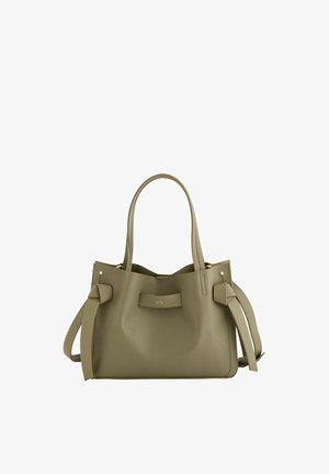 Sac à main en cuir texturé vert olive avec double poignée, accents de boucle latéraux et un logo délicat à l'avant.
