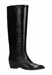 Knee-high black glossy leather boots with a pointed toe and a mid-height block heel. Textured finish without patterns or accents.