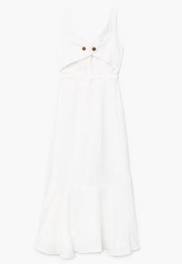 Robe en coton blanc avec un corsage ajusté présentant un design découpé, des bretelles r églables et deux boutons marron. L'ourlet évasé apporte de la fluidité.