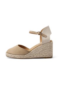 Sandalo con zeppa di espadrille beige, con tomaia in suede, punta aperta, cinturino alla caviglia e piattaforma in juta intrecciata. Texture liscia con una leggera lucentezza.