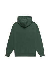 Felpa verde in cotone con cappuccio regolabile, polsini e orlo a costine. Texture liscia e colore uniforme senza loghi o motivi visibili.