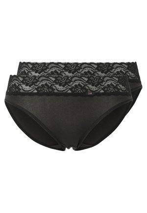 Svarte truser med blondekant, med en glatt stoffkropp og blomsterblonde i livet. To-pakning med et logo-merke på ett par.