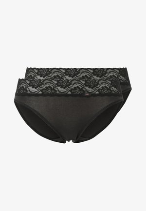 Zwarte onderbroek met kanten randen, voorzien van een gladde stoffen body en een bloemenkant tailleband. De verpakking bevat twee stuks, waarvan er één is voorzien van een logo-label.