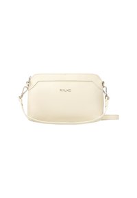 Borsa a tracolla in pelle di colore crema con finitura texturizzata, hardware in argento, logo in rilievo sul davanti e tracolla regolabile.