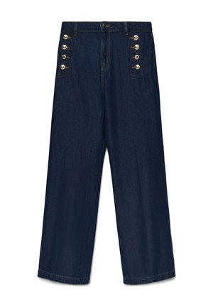 Jeans blu scuro a gamba larga con vita alta, dettagli con bottoni dorati sul davanti a sinistra e a destra, e chiusura frontale con bottone e zip.