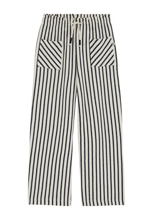 Fekete-fehér, függőleges csíkos kötött nadrág, bő szárú, gumis derékrésszel, húzózsinórral és két elülső folt zsebbel, amelyek ferdén csíkozottak.