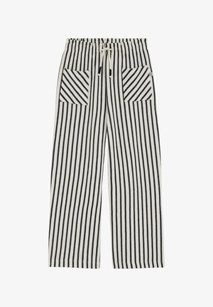 Czarno-białe, pionowo prążkowane dzianinowe spodnie o szerokich nogawkach, z elastycznym pasem, sznurkiem oraz dwoma przednimi naszywanymi kieszeniami z ukośnymi prążkami.