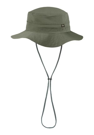 Olive green wide-brim sun hat with adjustable chin strap and small black logo tag on the side.