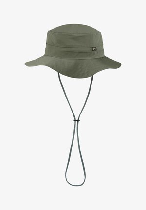 Olive green wide-brim sun hat with adjustable chin strap and small black logo tag on the side.