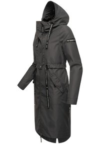 Dark gray parka with hood, adjustable drawstrings, zip and snap closures, two side pockets, and branded accents on the chest and drawstrings.