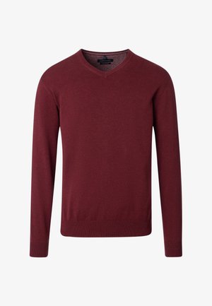 Männer burdeos V-Ausschnitt Langarmpullover mit gerippten Bündchen und Saum, aus feinem Baumwollmaterial.