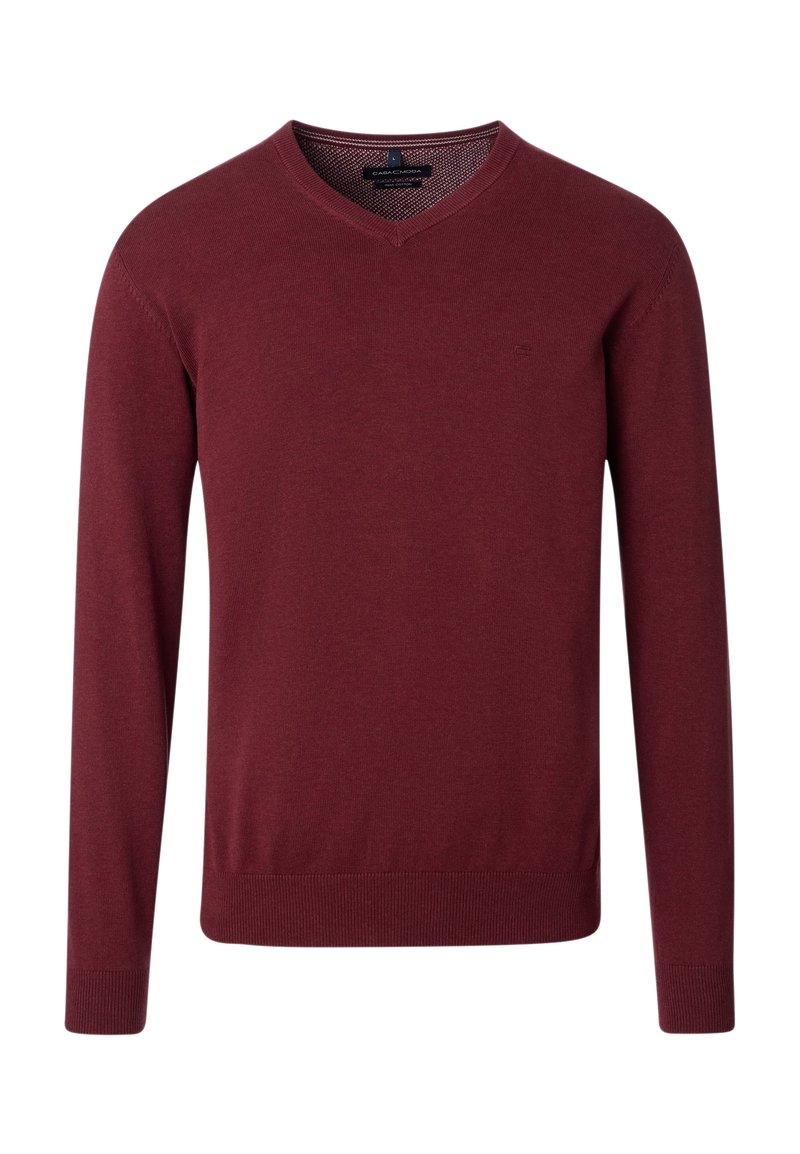 Männer burdeos V-Ausschnitt Langarmpullover mit gerippten Bündchen und Saum, aus feinem Baumwollmaterial.