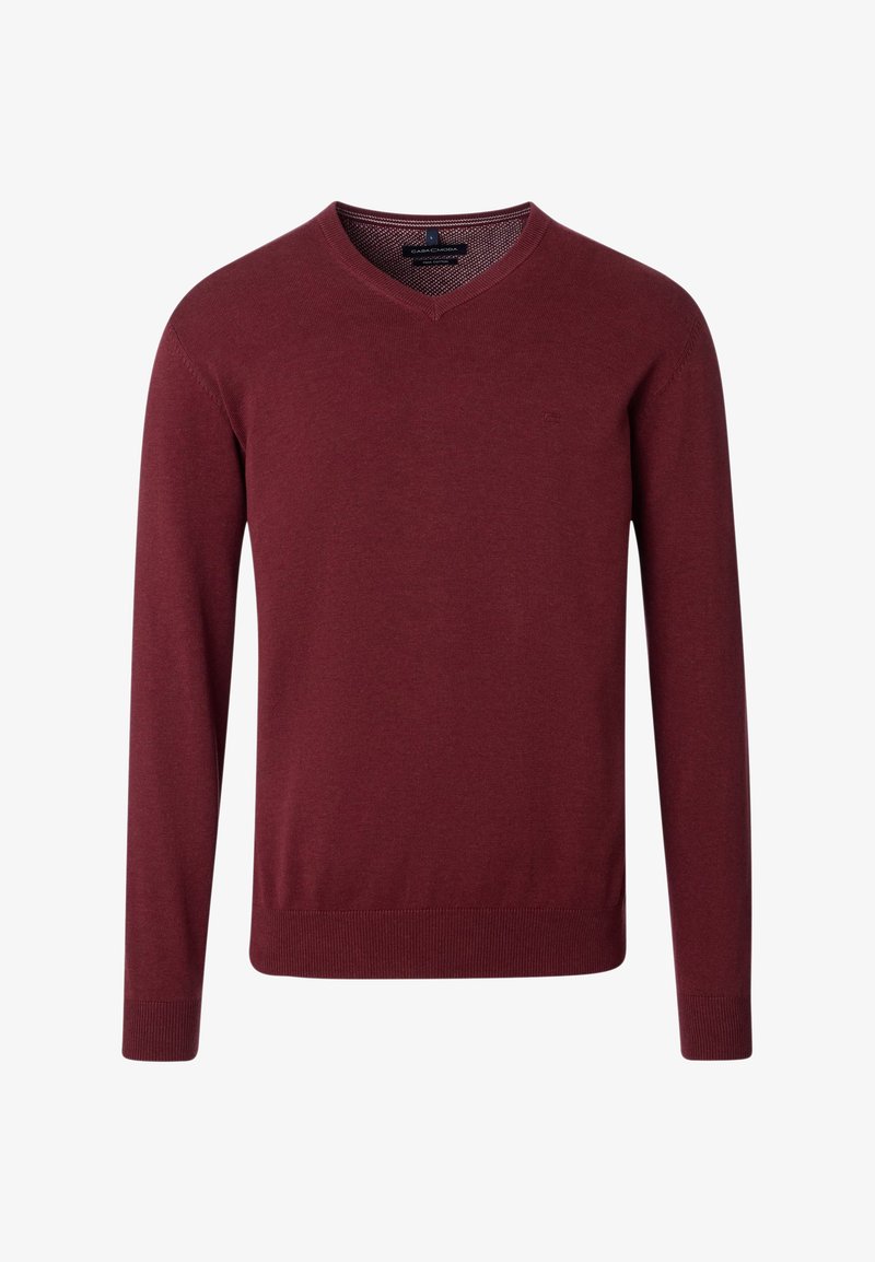 Męski bordowy sweter z dekoltem w serek i długim rękawem, z prążkowanymi mankietami i dołem, wykonany z wysokiej jakości bawełny.