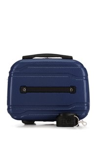 Valigia da cabina rigida blu navy con superficie texturizzata, dettagli neri, maniglia superiore e tracolla nera rimovibile.