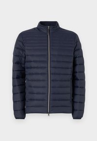 Μπλέ φούτερ μπουφάν με ψηλό γιακά, οριζόντιο ραφτό μοτίβο, φερμουάρ μπροστά και πλευρικές τσέπες. Κατασκευασμένο από ελαφρύ, λείο υλικό.