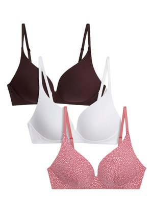 Drie bh's: één donkerbruin, één wit en één roze met witte stippen. Ze hebben allemaal gewatteerde cups, verstelbare bandjes en een gladde stof.