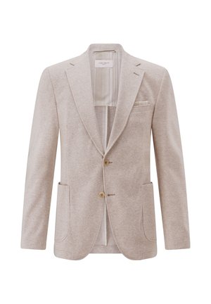 Hellbeiger, einreihiger Blazer mit fallendem Revers, zwei Knöpfen, aufgesetzten Taschen und einer Brusttasche mit gestreiftem Futter.