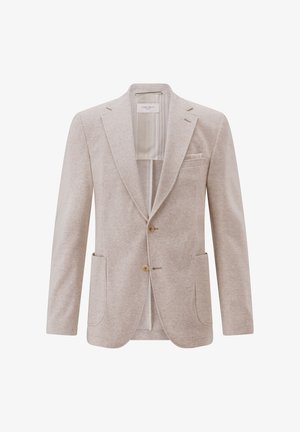 Hellbeiger, einreihiger Blazer mit fallendem Revers, zwei Knöpfen, aufgesetzten Taschen und einer Brusttasche mit gestreiftem Futter.