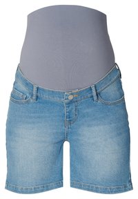 Graviditetsshorts i ljusblå denim med en mjuk, grå jersey mageband. Har fem fickor och en avslappnad passform med sömnadsdetaljer.