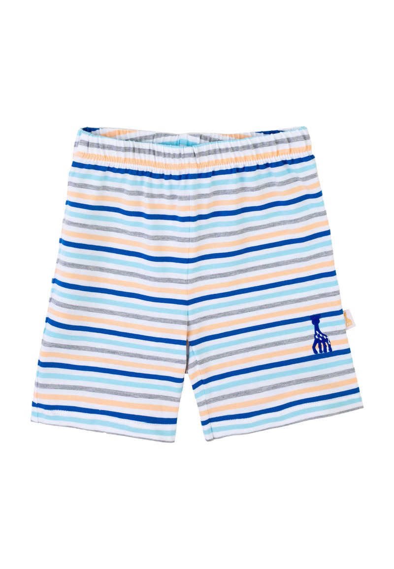 Pantaloni corti a righe in blu, arancione e grigio. Vita elastica e dettaglio del logo in filo blu. Realizzati in tessuto morbido e leggero.