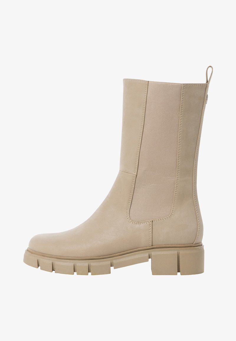 Beige ankle boot with smooth leather finish and elastic side panels. Chunky rubber sole provides traction and stability. Simple design.